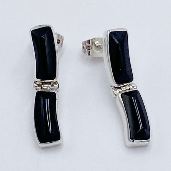 Sterling Silver 950 Onyx Hinged Drop Earrings. - Picture 2 of 9